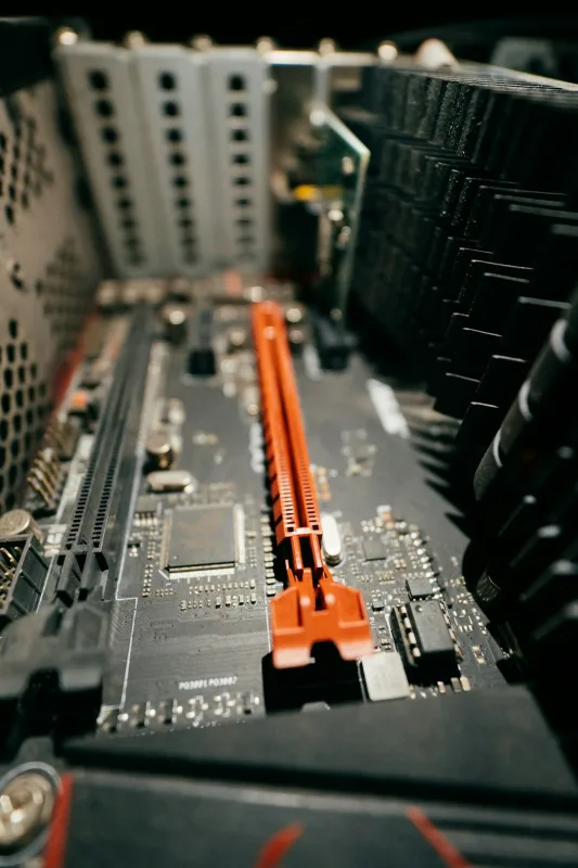 close-up of RAM slots on a desktop motherboard