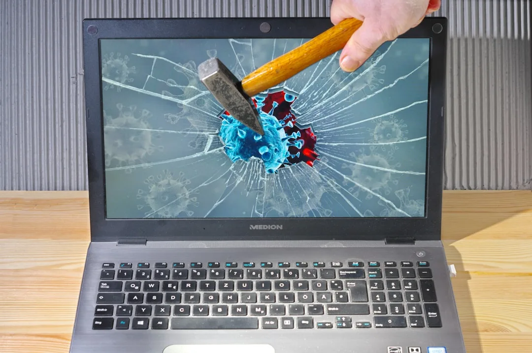 technician analysing laptop for viruses